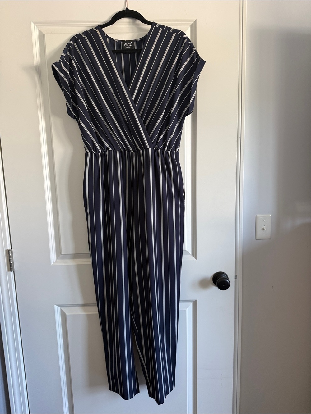 ECI Navy Vertical Stripe Wrap Jumpsuit